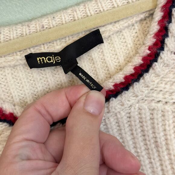 Maje Sweater Womens 2 Cream Red Black Striped Pullover Knitted Jumper Wool Blend - Picture 6 of 8